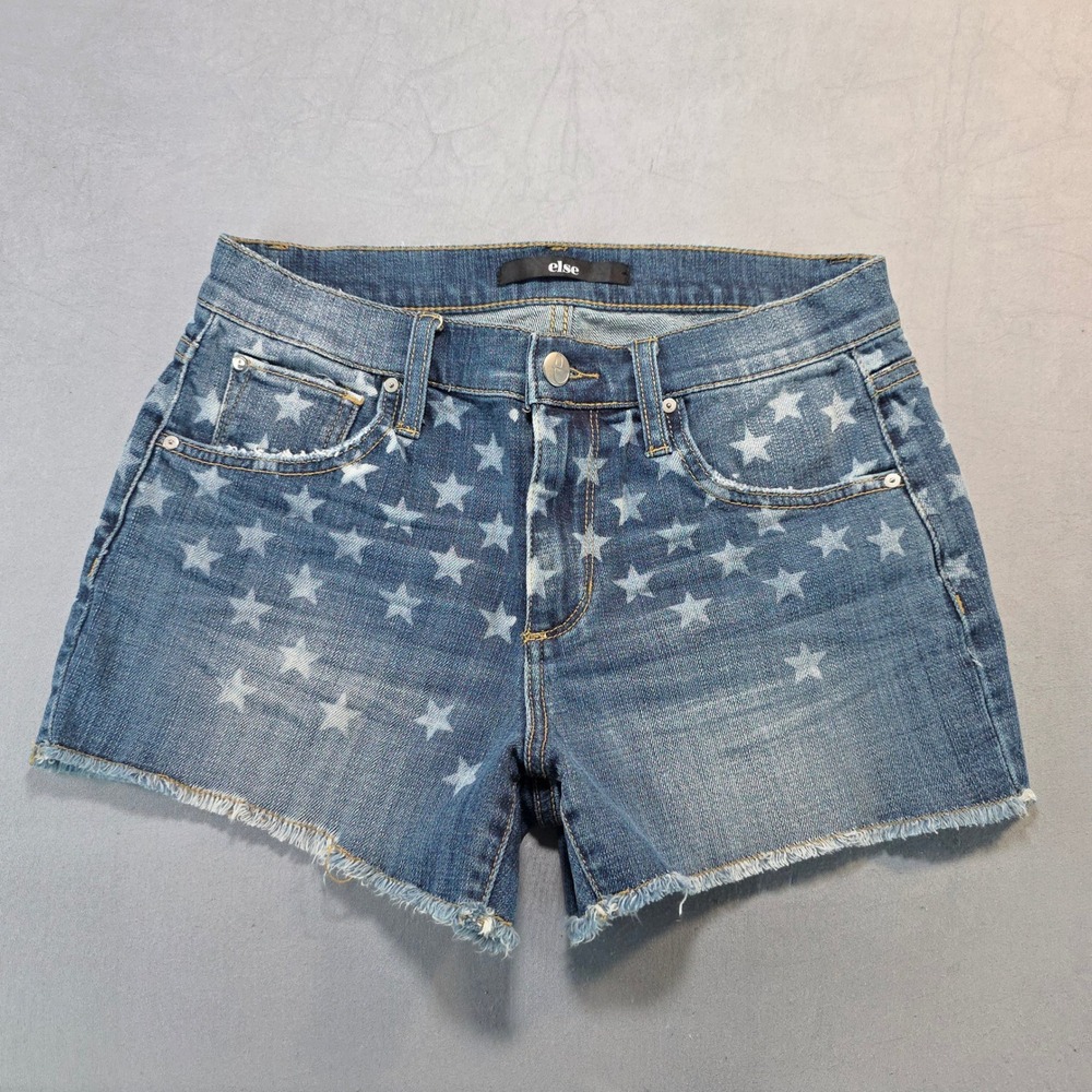 Else Star Print Denim Shorts Blue Raw Hem Distressed Size 27 Americana Festival
